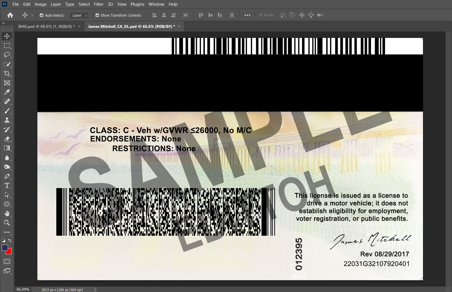 California (CA) Driver's License PSD Template - Image 4