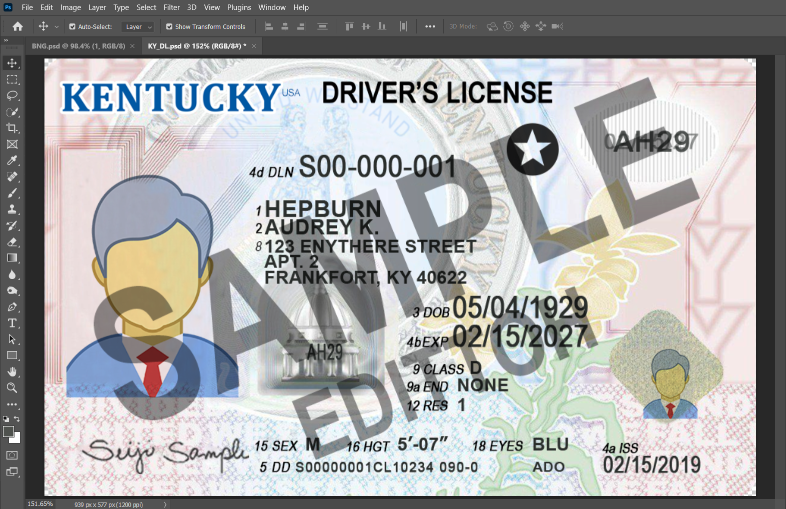 Kentucky (KY) Driver's License PSD Template - Image 3