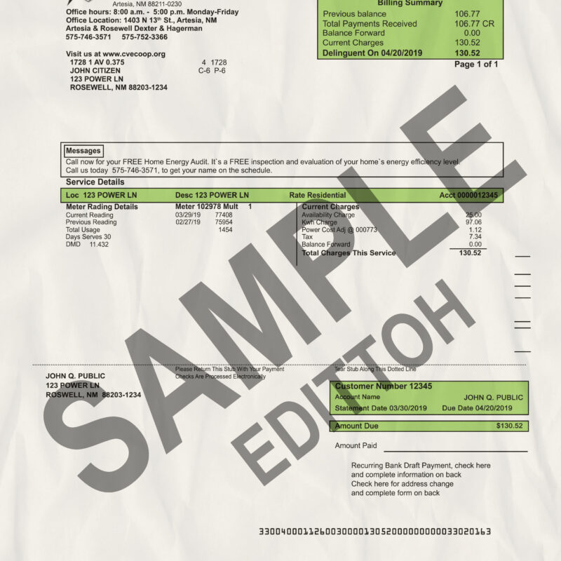 USA, New Mexico Proof of Address: Central Valley Electric Cooperative Electricity Utility Bill