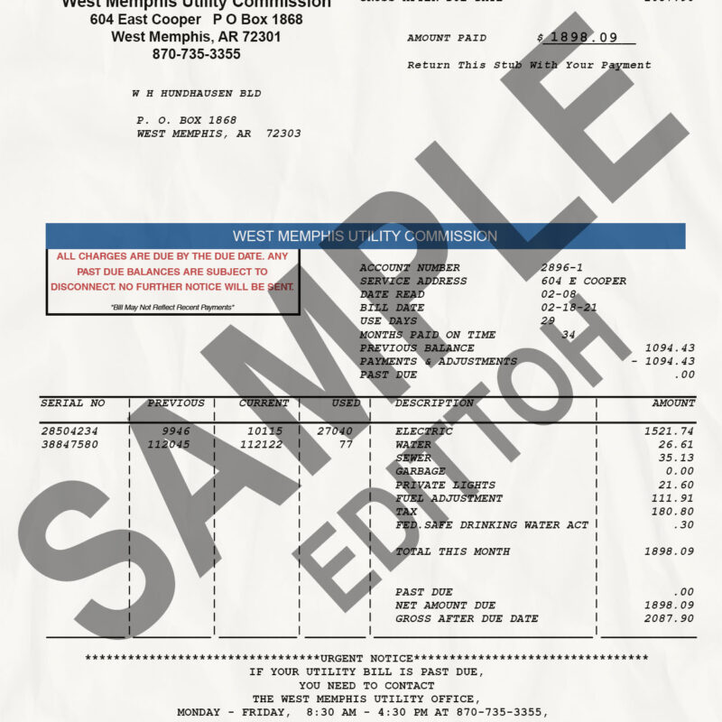 USA, Arkansas Proof of Address: West Memphis Utility Commission Electricity, Water, & Sewer Utility Bill