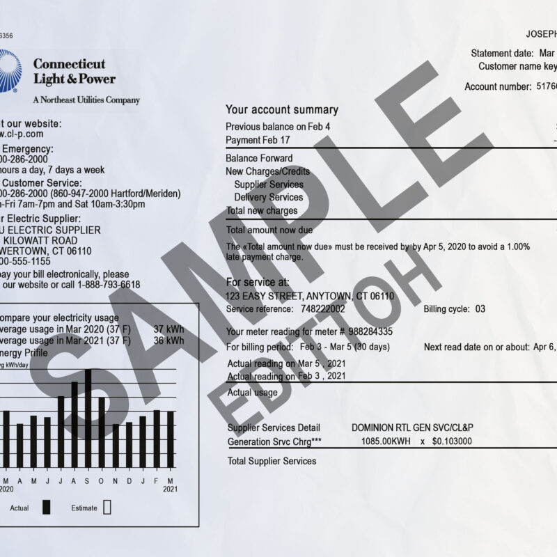 USA, Connecticut Proof of Address: Connecticut Light & Power (CL&P) Electricity Utility Bill