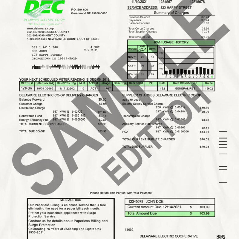 USA, Connecticut Proof of Address: Delaware Electric Cooperative (DEC) Electricity Utility Bill
