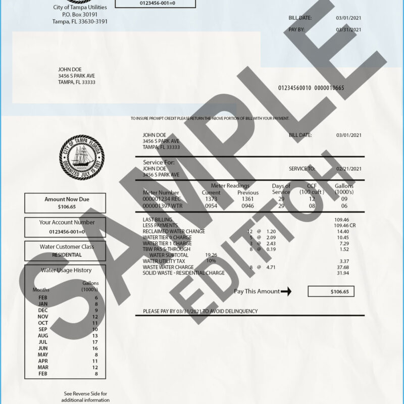 USA, Florida Proof of Address: City of Tampa Utilities Water Utility Bill