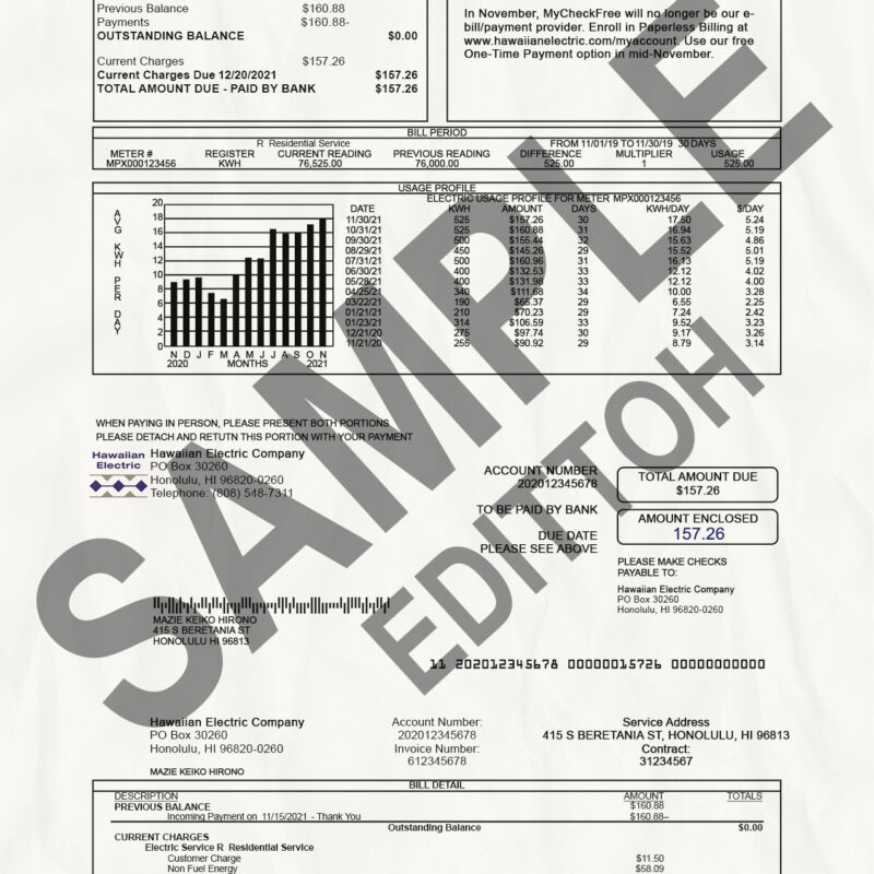 USA, Hawaii Proof of Address: Hawaiian Electric Industries, Inc. (HEI) Electricity Utility Bill