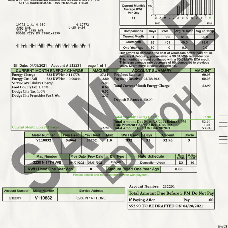 USA, Kansas Proof of Address: Victory Electric Cooperative Association, Inc. Electricity Utility Bill