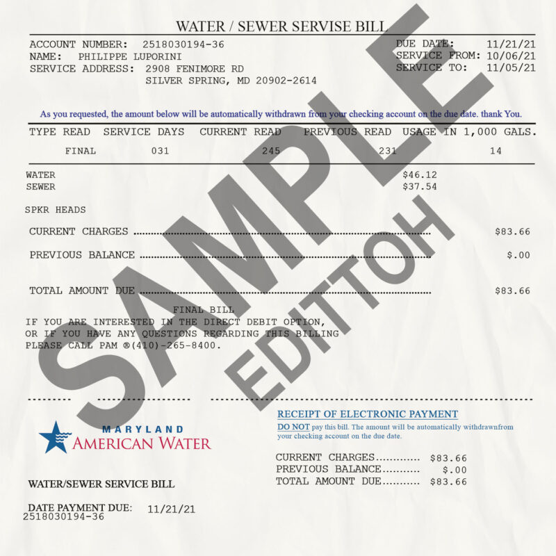 USA, Maryland Proof of Address: Maryland American Water Co. Utility Bill
