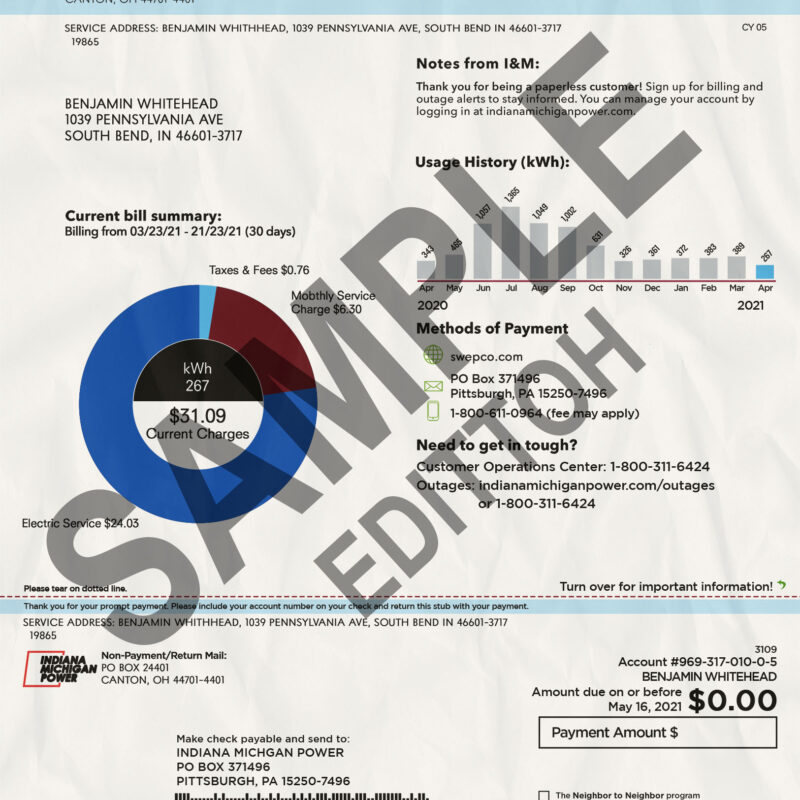 USA, Indiana Proof of Address: Indiana Michigan Power Utility Bill