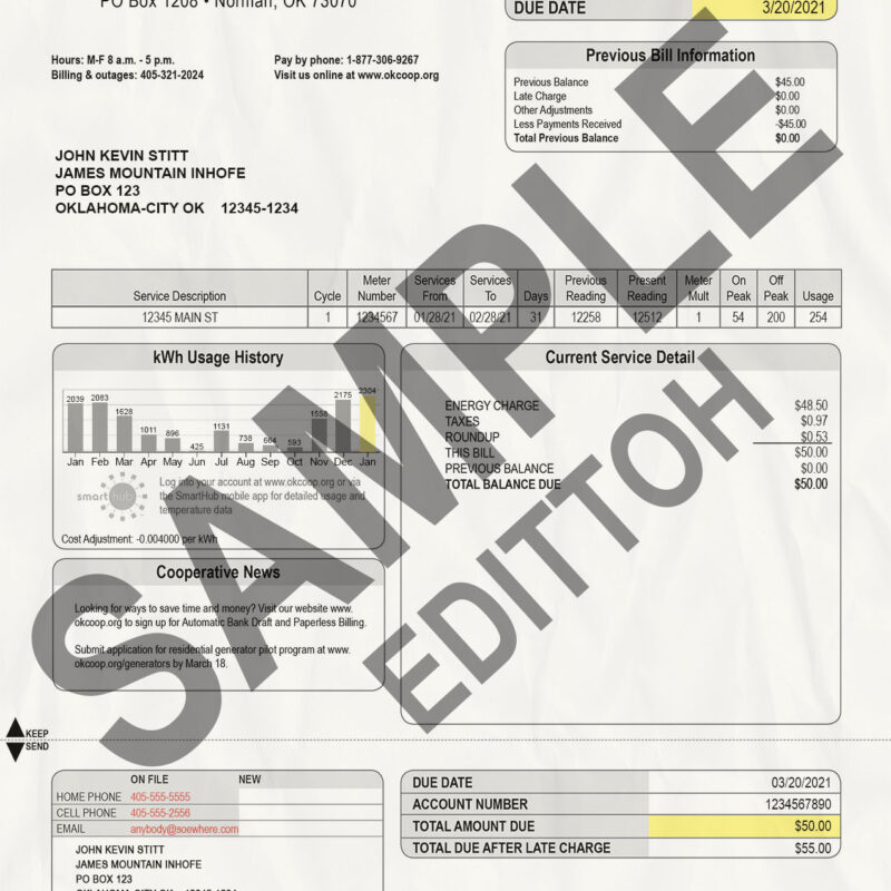 USA, Oklahoma Proof of Address: Oklahoma Electric Cooperative Utility Bill