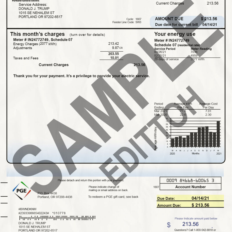 USA, Oregon Proof of Address: Portland General Electric Utility Bill