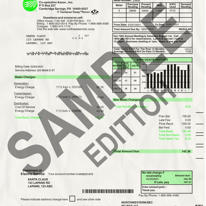 USA, Pennsylvania Proof of Address: Northwestern Rural Electric Cooperative Association Utility Bill