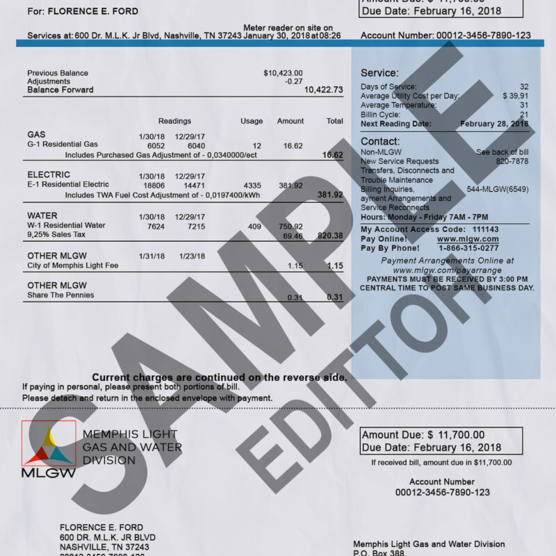 USA, Tennessee Proof of Address: Memphis Light, Gas and Water Division (MLGW) Utility Bill