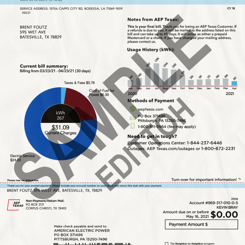 USA, Texas Proof of Address: American Electric Power (AEP) Texas Electricity Utility Bill