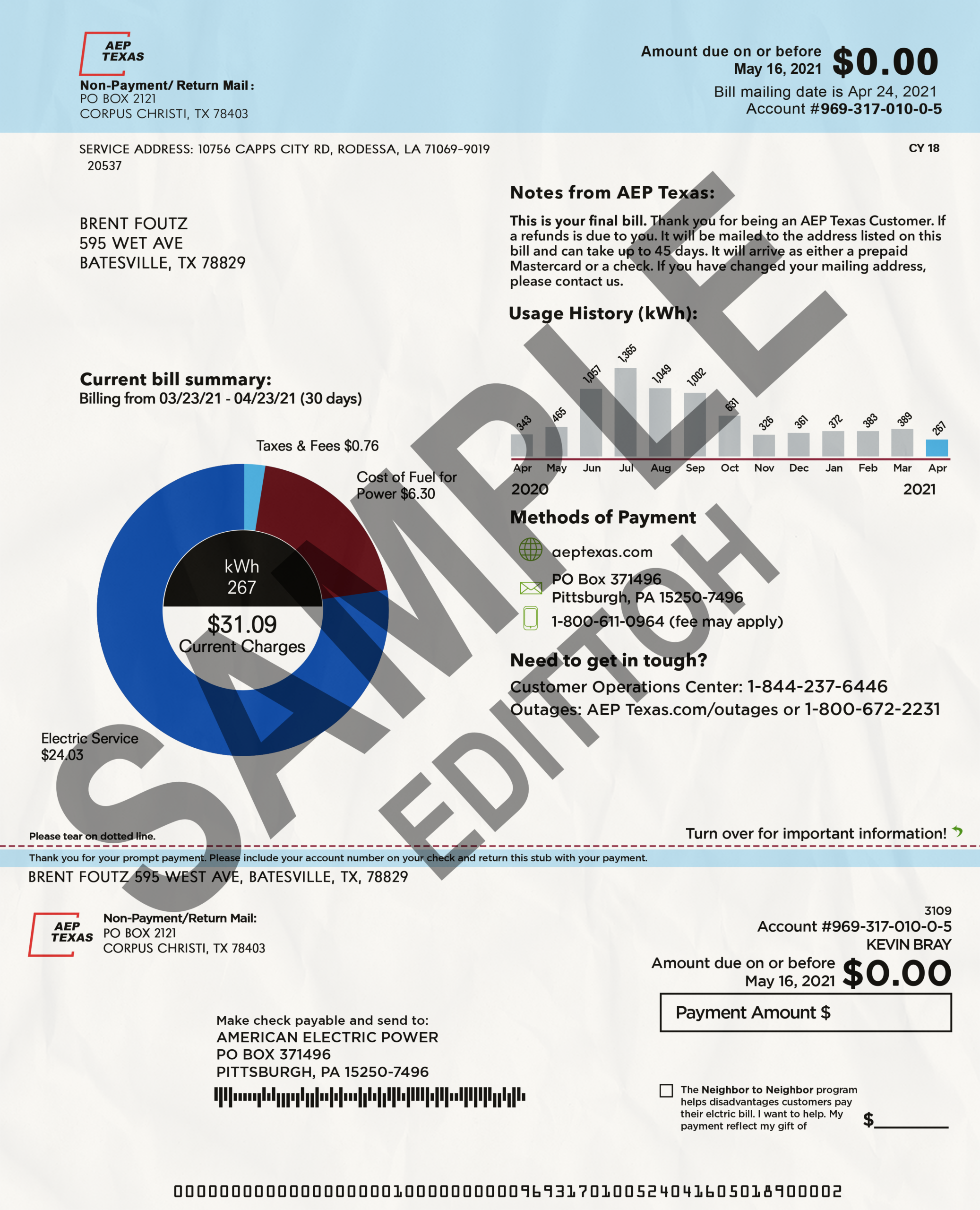 USA, Texas Proof of Address: American Electric Power (AEP) Texas Electricity Utility Bill