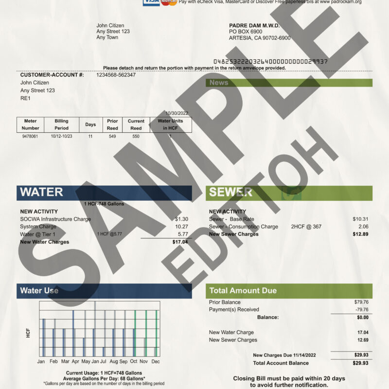USA, California Proof of Address: Padre Dam Municipal Water District Utility Bill