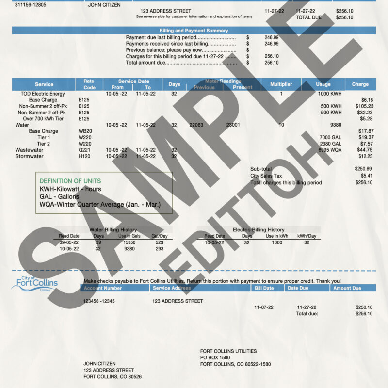 USA, Colorado Proof of Address: City of Fort Collins Utility Bill